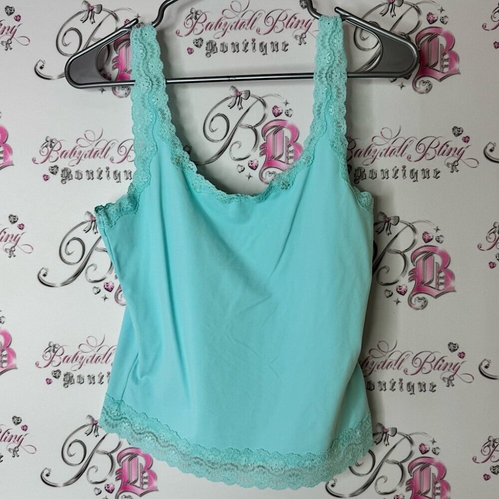 Cleo Turquoise tank top light baby aqua blue Lacie Lace Trim Top stretchy shirt